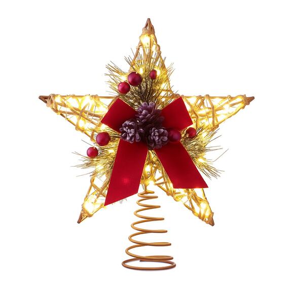 Woven Star Holly Berry Bow Lit Christmas Tree Topper 10" LED 5-Pt Holiday Red - Picture 1 of 10
